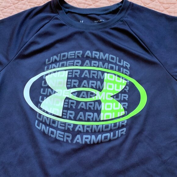 UNDER ARMOUR - Youth Loose Fit Logo T-Shirt  Tee Navy 7 Neon Yellow Youth Large - Picture 4 of 8